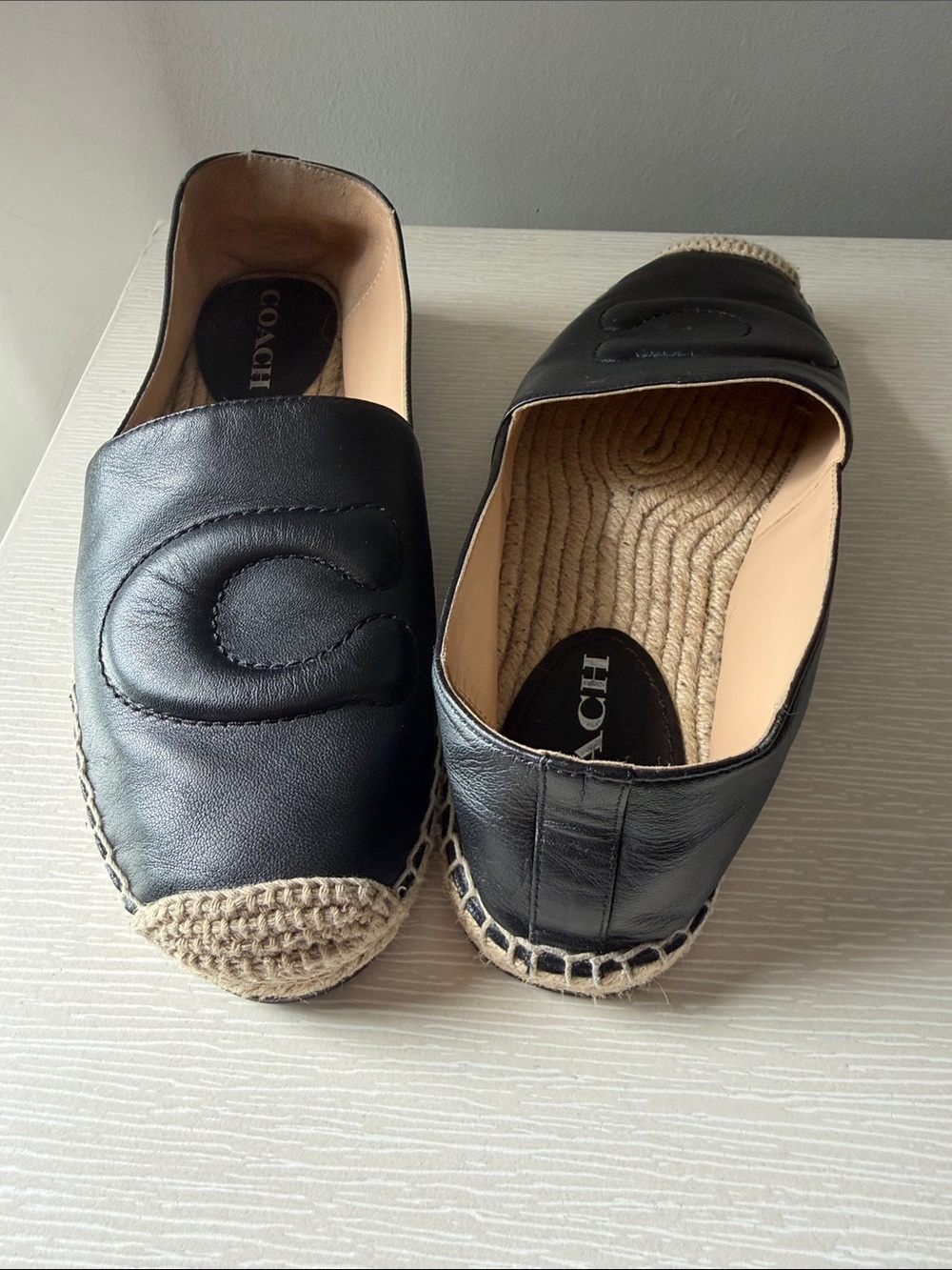 Coach Black Leather Espadrille Flats with Jute Toe